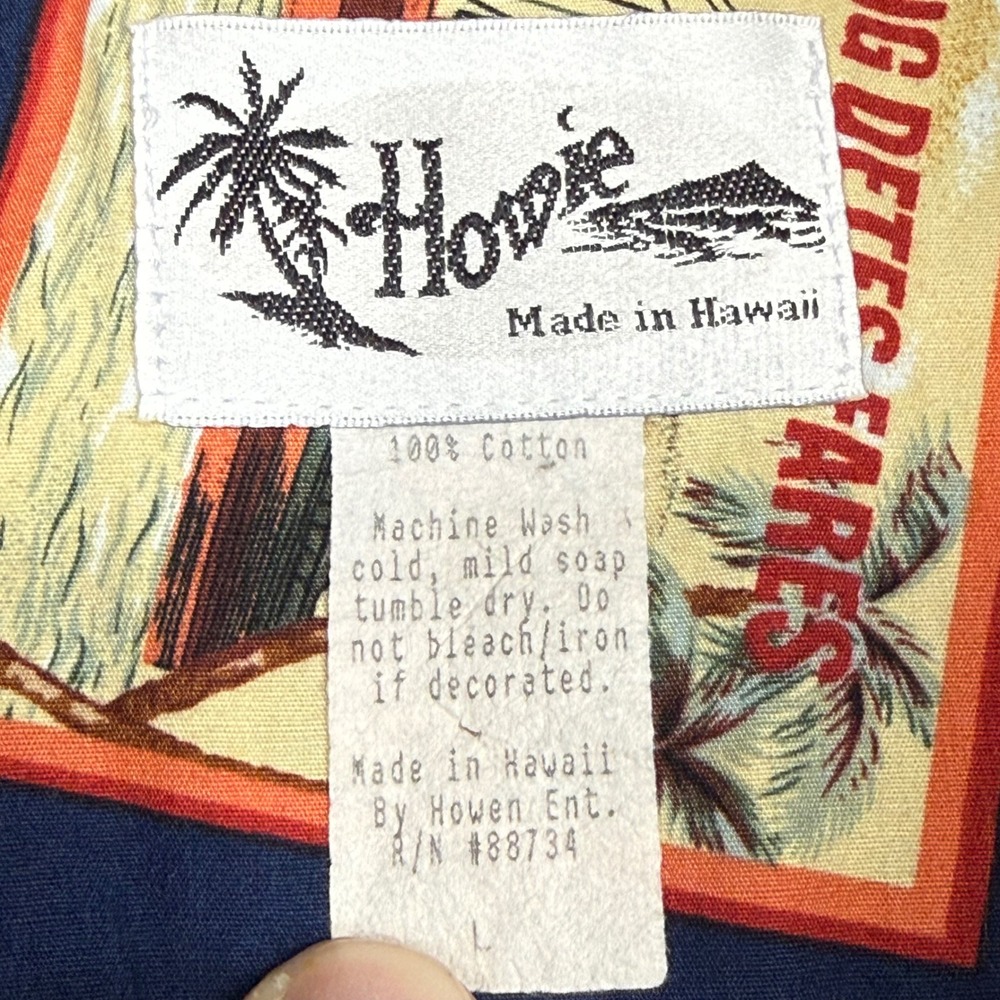 Howie Made in Hawaii Mens Large Postcard Print Cotton Aloha Shirt Navy Blue Vtg - Picture 8 of 9